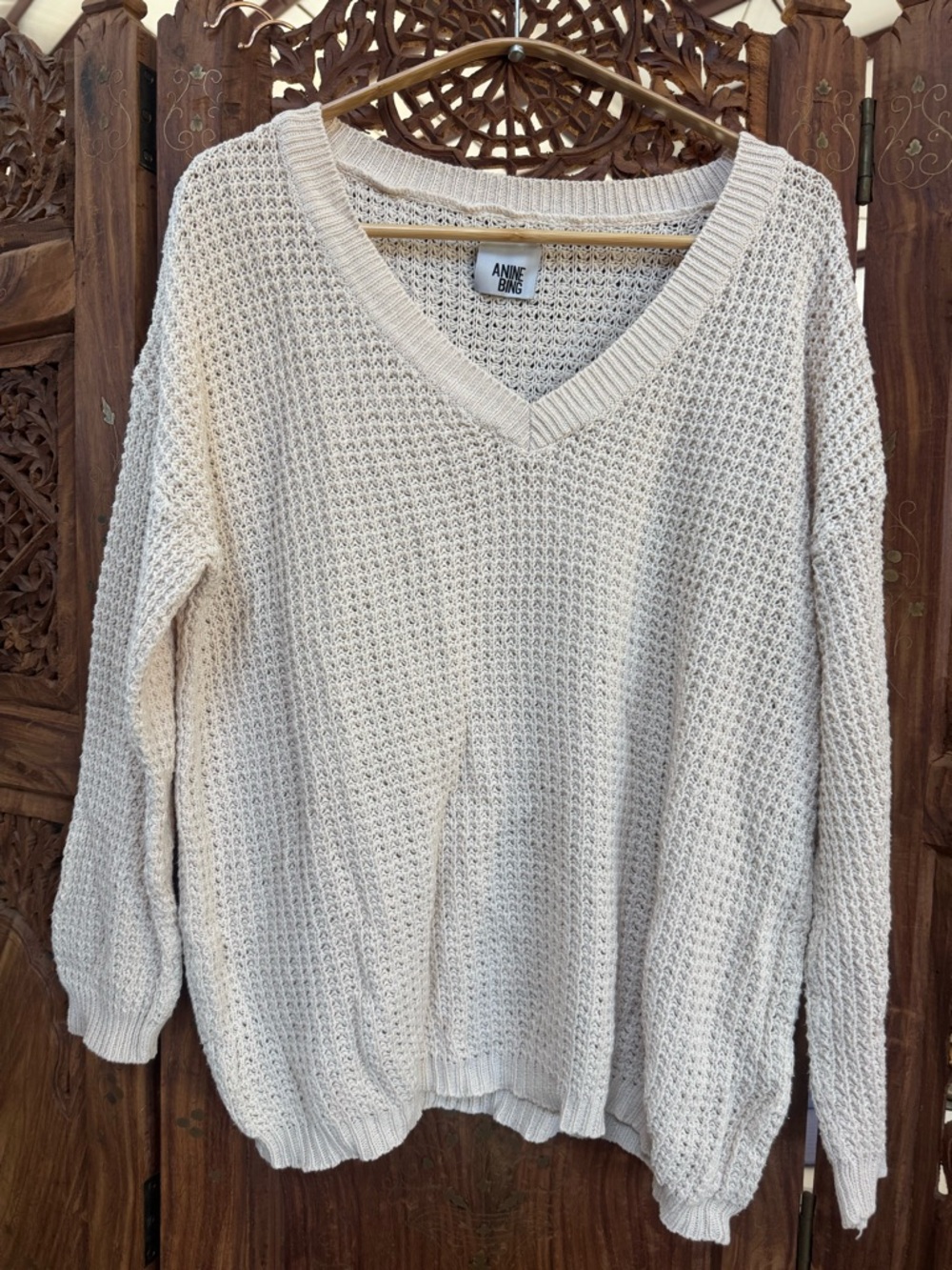 ANINE BING Cream Open Waffle Knit V-Neck Slouchy Pullover Sweater Size Medium